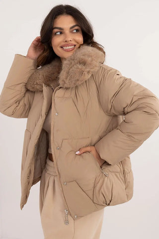 Elegant beige women’s quilted winter jacket with fur collar and zipper pockets
