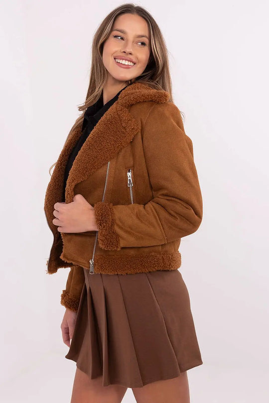 Stylish Women’s Ramones Jacket in brown polyester with shearling collar and zippered pockets for autumn-winter wear