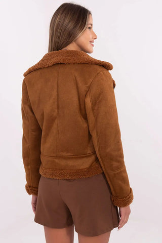 Stylish women’s Ramones jacket in brown polyester with shearling details, perfect for autumn-winter warmth and comfort.