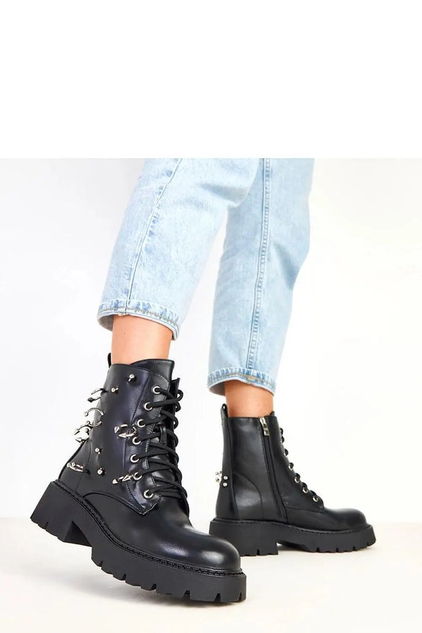 women's black decorative buckles boots with synthetic leather and chunky heel