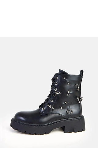 Black women's decorative buckles boots with synthetic leather, metal decorations, and chunky heel