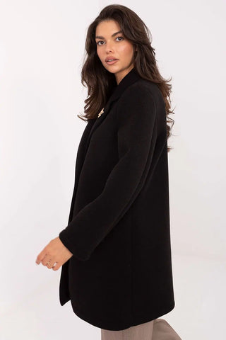 Elegant black women’s transitional coat with lapels and brooch, lightweight and stylish for autumn, winter, and spring.