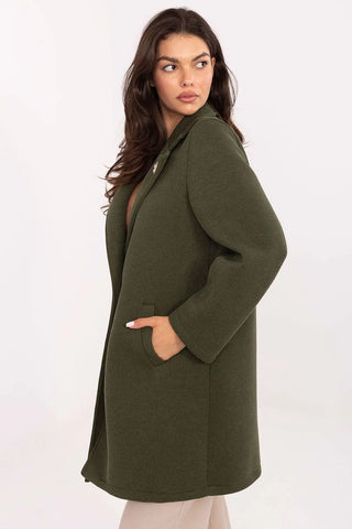 Elegant women's transitional coat in olive green with lapels and decorative brooch, perfect for autumn and spring.