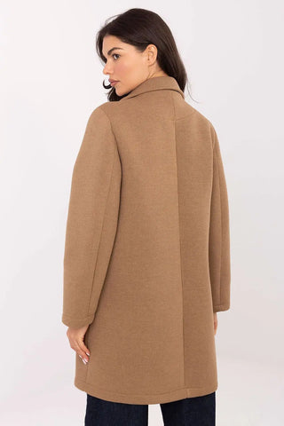 Elegant brown women's transitional coat with lapels and decorative brooch, made of durable foam fabric.