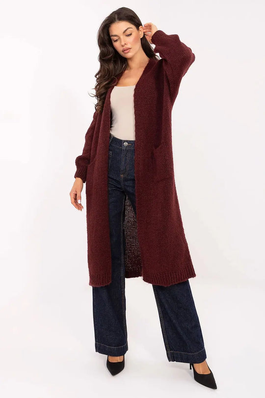 Long women's cardigan in burgundy with slip pockets, knee-length, soft blend fabric, casual style for everyday wear and work
