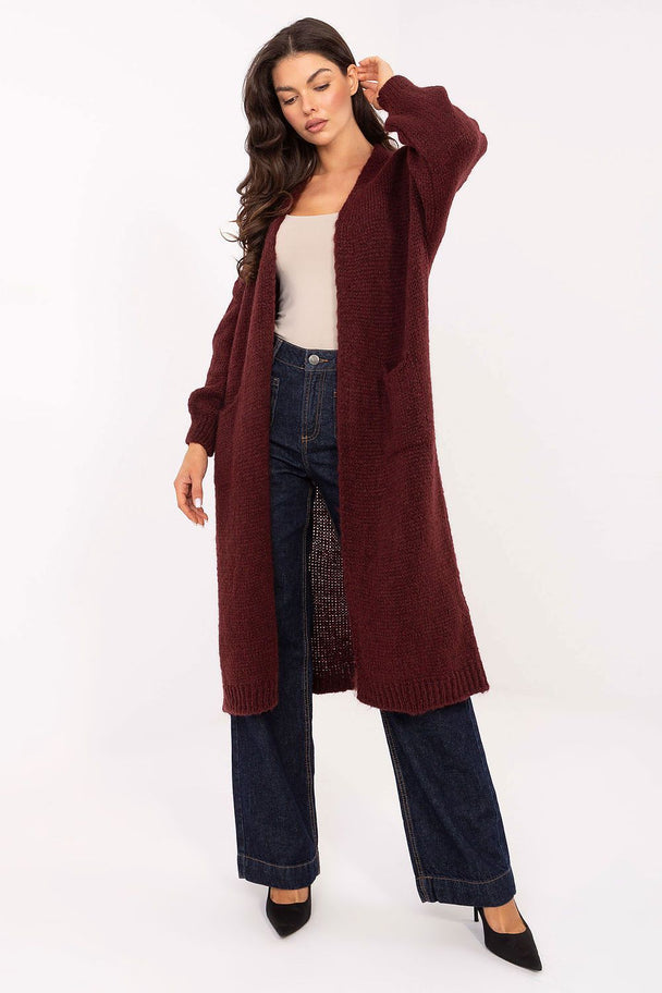 Long women's cardigan in burgundy with slip pockets, knee-length, soft blend fabric, casual style for everyday wear and work