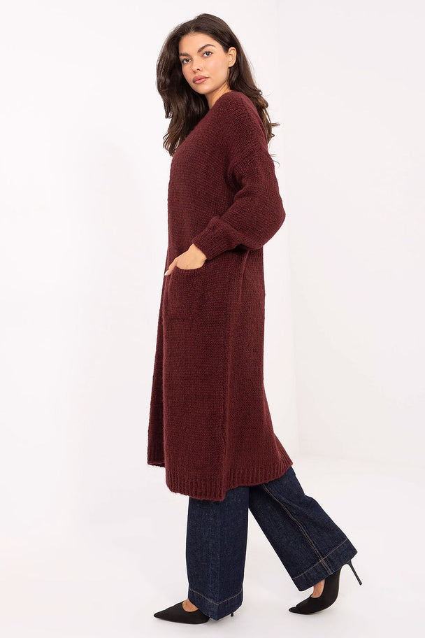 Long women's cardigan in burgundy with long sleeves and slip pockets, knee-length casual style.