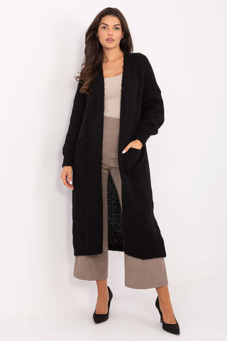 Long women's cardigan in black, knee-length with long sleeves and pockets, made of soft polyacrylic blend for casual and work wear