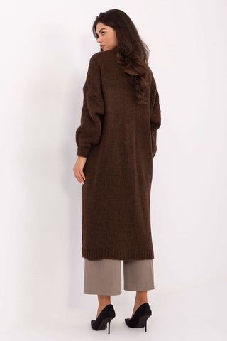 Long women's cardigan in brown, knee-length with long sleeves and pockets, made of soft wool blend for casual and work wear.