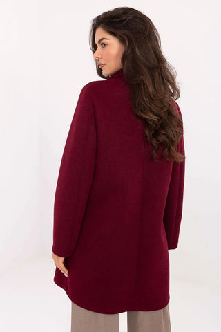 Elegant women's transitional coat in burgundy with lapels and decorative brooch, made of polyester blend for autumn to spring wear