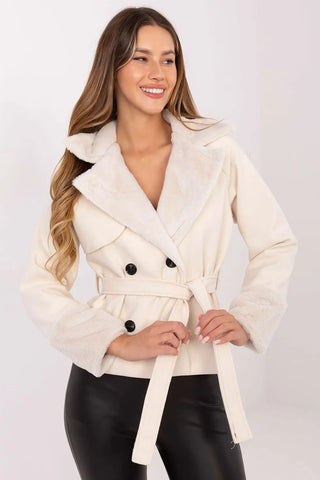 Elegant short women’s cream coat with fur trim, belt, double-breasted buttons, and long sleeves
