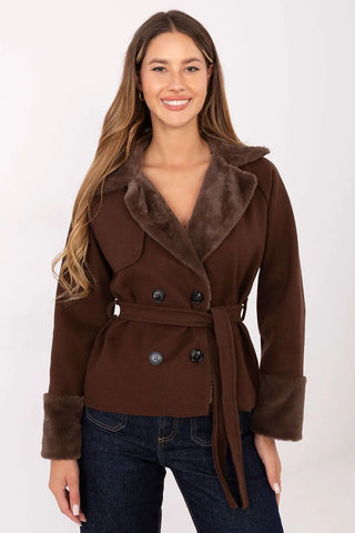 Elegant short women’s coat in brown with fur trim and waist belt, double-breasted style for autumn and winter wear