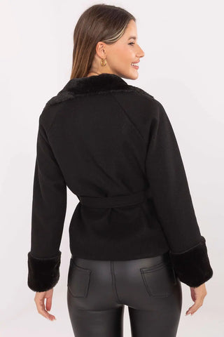 Elegant short women's coat with fur trim and belt, shown from the back.