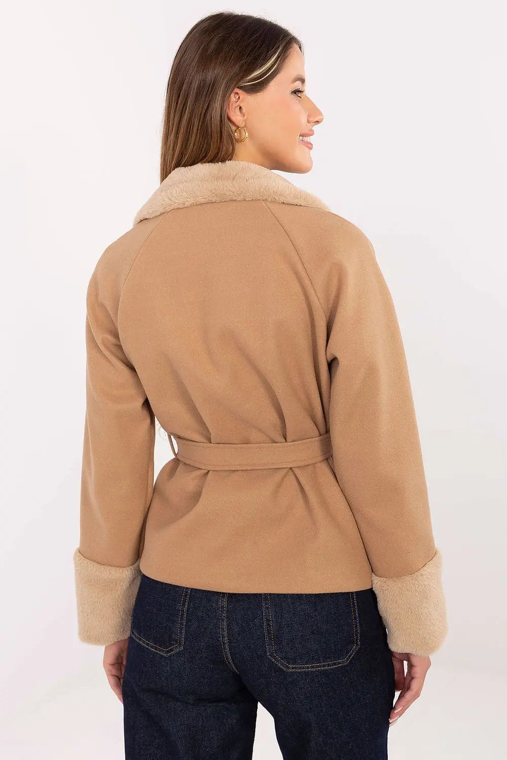 Elegant short women's coat with fur trim and belt in beige, shown from the back