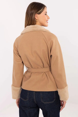 Elegant short women's coat with fur trim and belt in beige, shown from the back