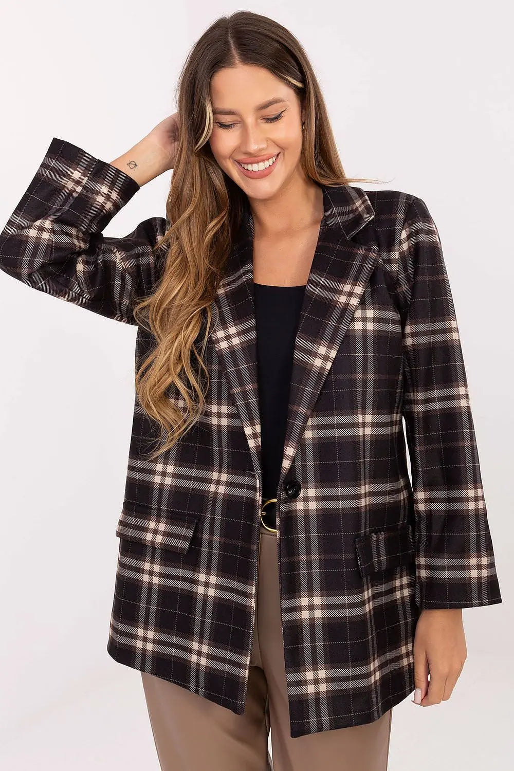 Women’s checked blazer with button closure, long sleeves, shoulder pads, and classic plaid pattern for elegant work and casual wear