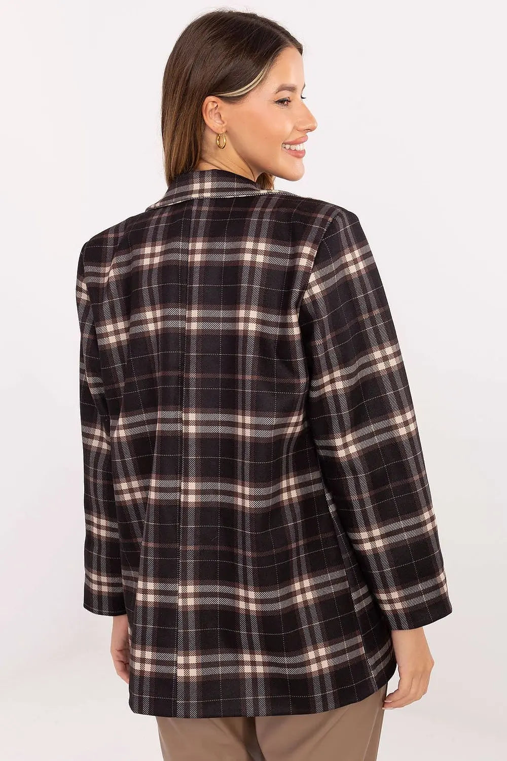 Back view of a woman wearing a stylish women's checked blazer with shoulder pads and classic checkered pattern