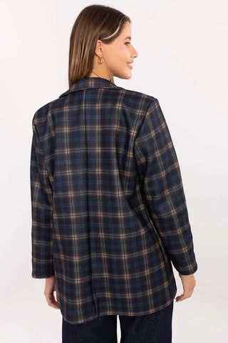 Back view of a woman wearing a stylish women's checked blazer with long sleeves and shoulder pads