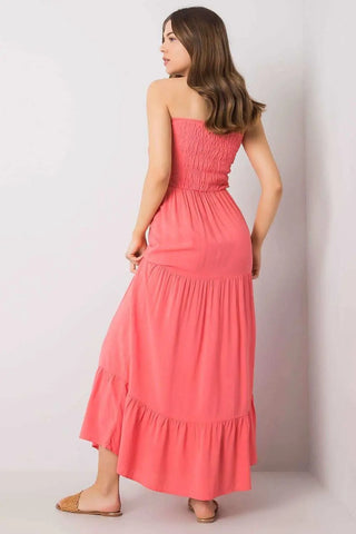 Long summer dress with supportive elastic top and ruffled hem.