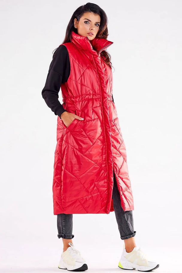Long red women’s oversized quilted vest with zipper and waist adjustment in polyester