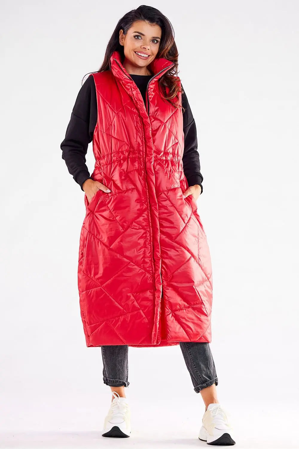 Stylish red women’s oversized quilted vest with zipper and adjustable waist for autumn layering