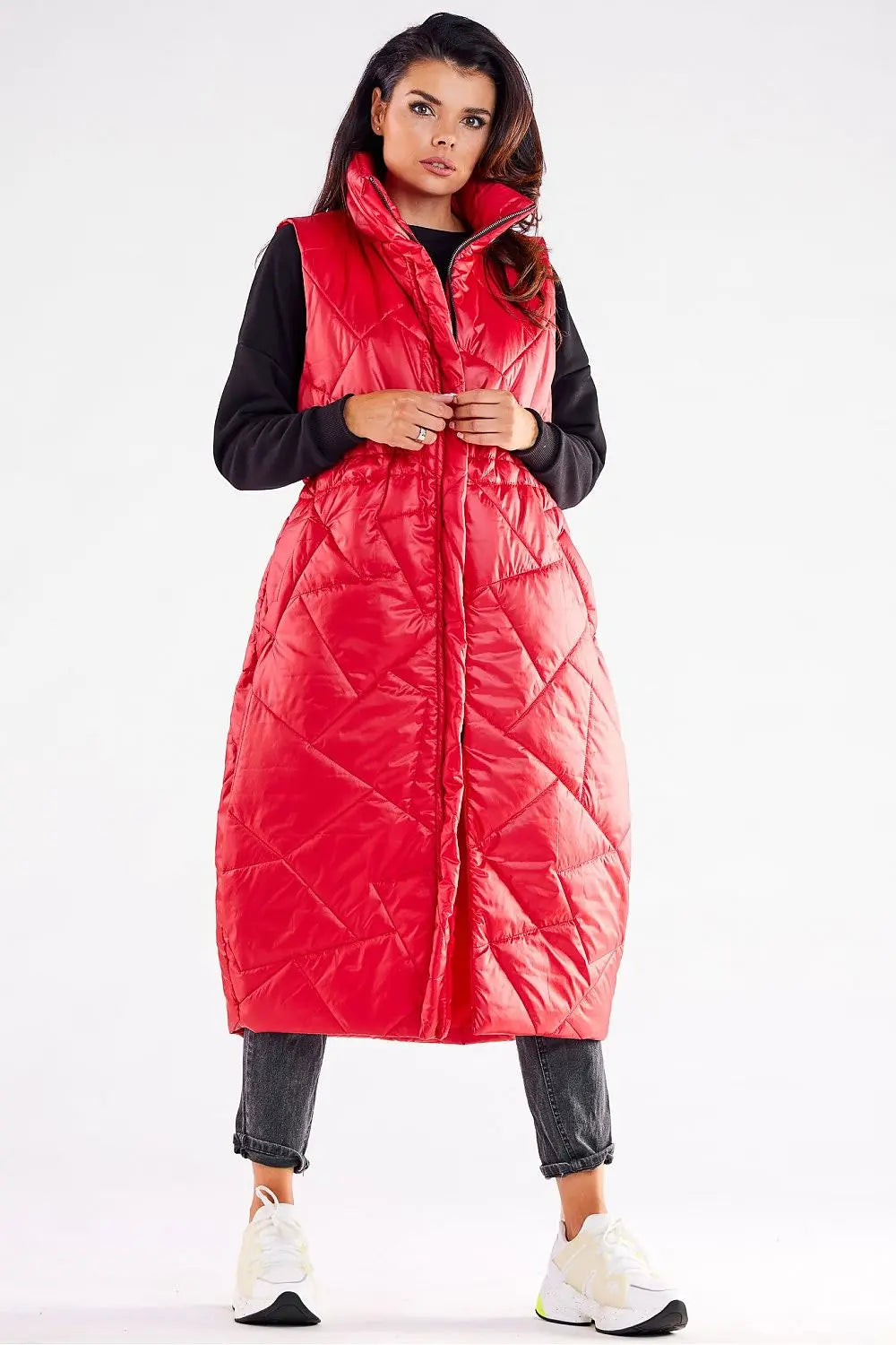 Red stylish women’s oversized quilted vest with zipper and adjustable waist for autumn layering