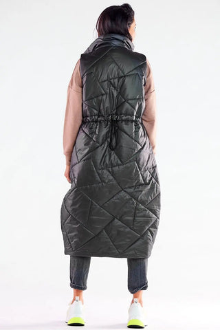 Back view of stylish women's oversized quilted vest in black with adjustable waist and quilted pattern