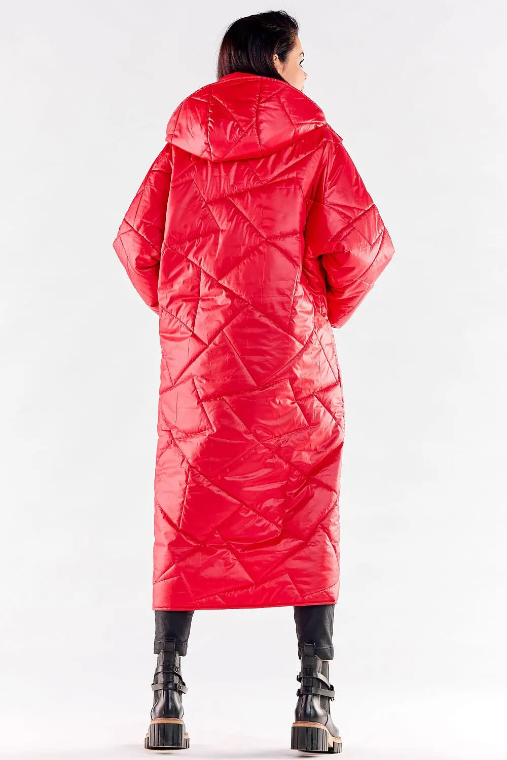Red elegant long quilted coat with hood and large pockets for women