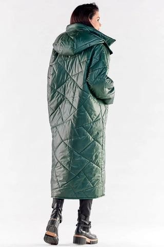 Elegant long quilted coat with hood and large pockets in green polyester for women