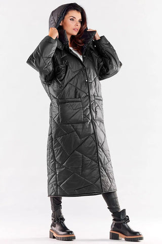 Elegant long quilted coat with hood and large pockets for women