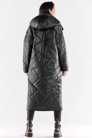 Back view of long quilted coat with hood and pockets for women