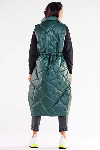 Back view of a stylish women's oversized quilted vest in green with adjustable waist and zipper closure.