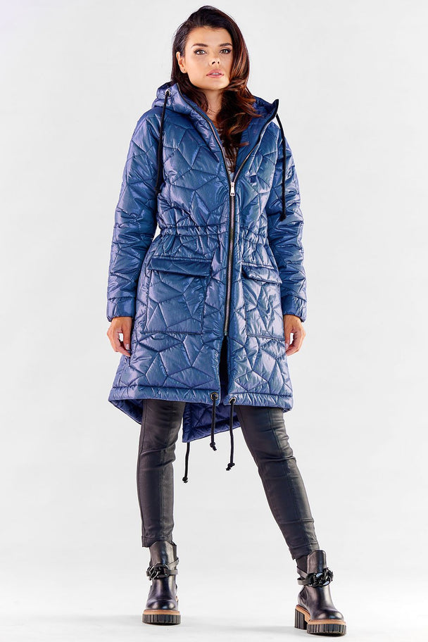 Women’s long quilted hooded jacket in blue with drawstring waist and zipper closure