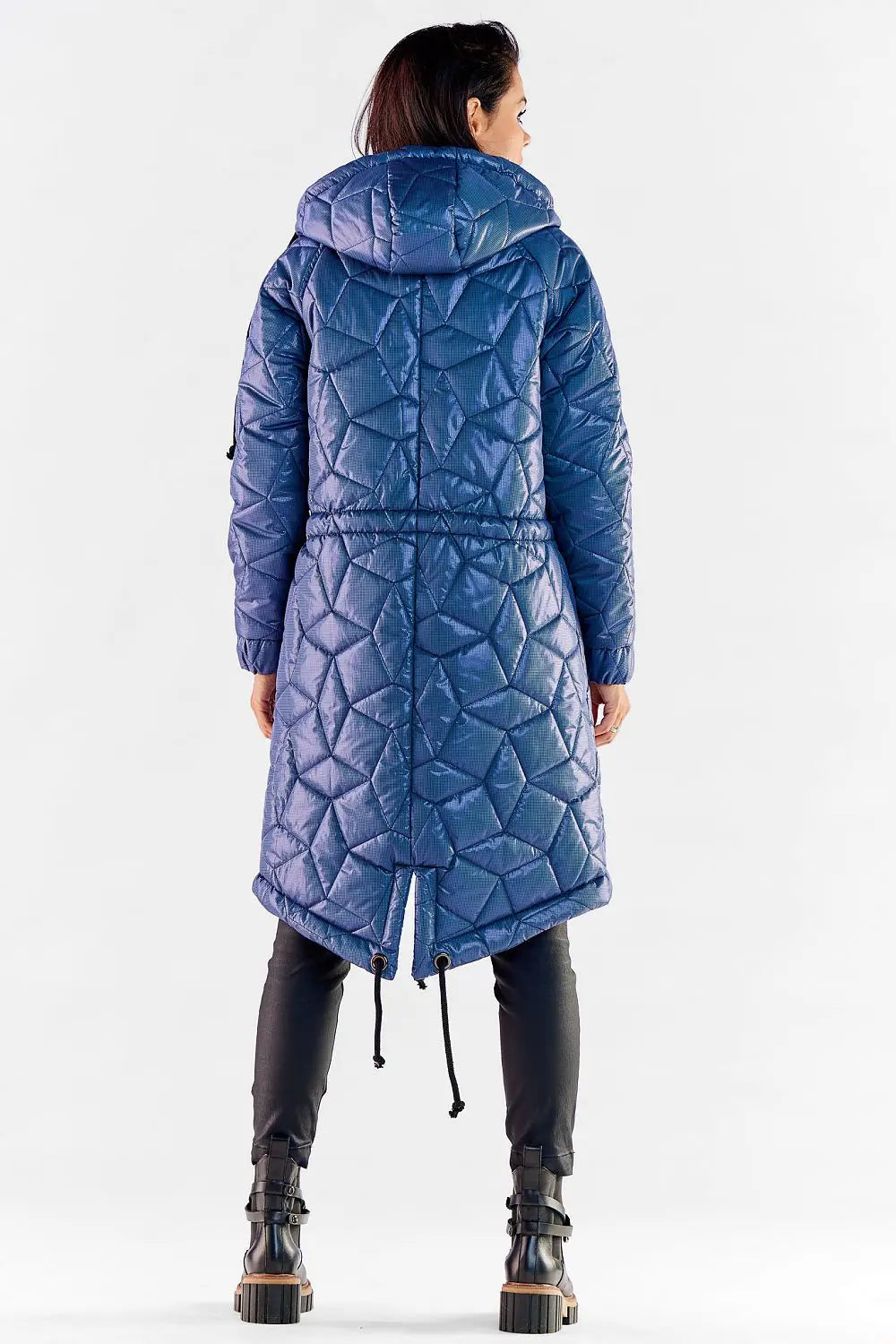 Back view of women’s long quilted hooded jacket in blue with drawstring waist and extended back hem