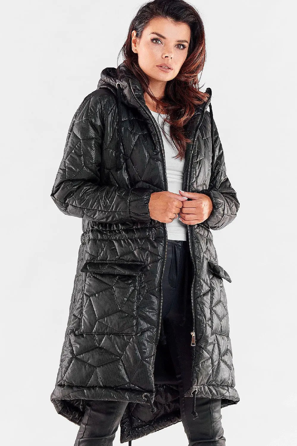 Women’s long black quilted hooded jacket with drawstring waist and zipper, knee-length, polyester rain jacket, fully lined.