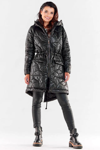 Women’s long black quilted hooded jacket with drawstring waist and knee-length design