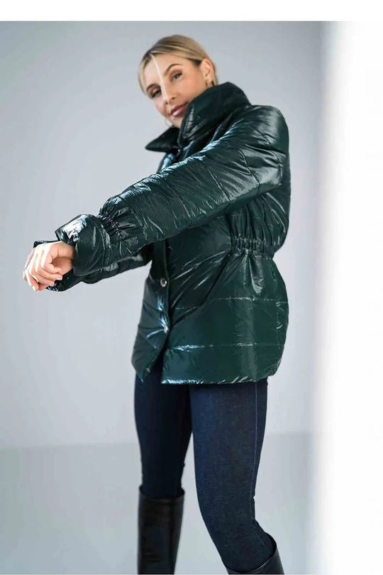 Women’s shiny quilted hip-length jacket with high collar and elastic cuffs in dark green