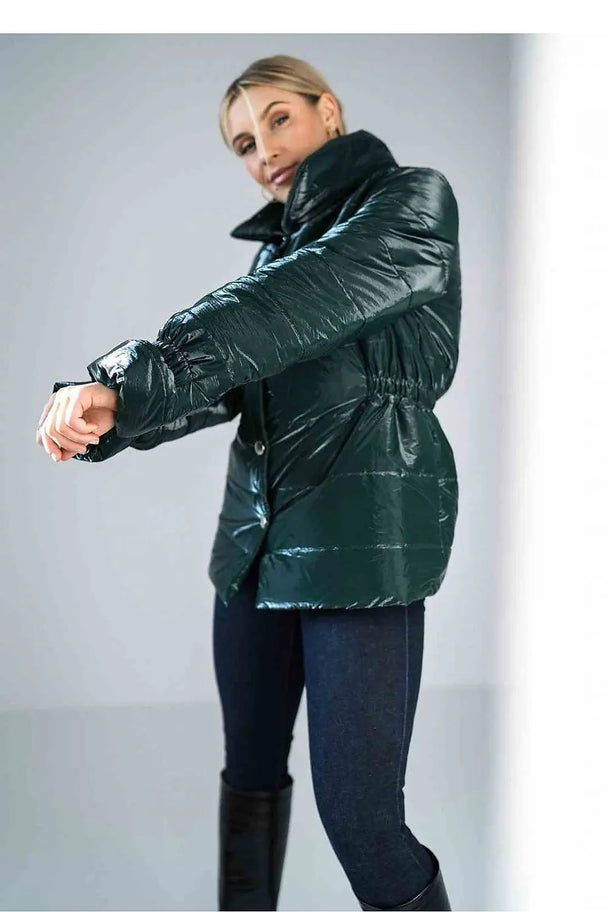 Women’s shiny quilted hip-length jacket with high collar and elastic cuffs in dark green