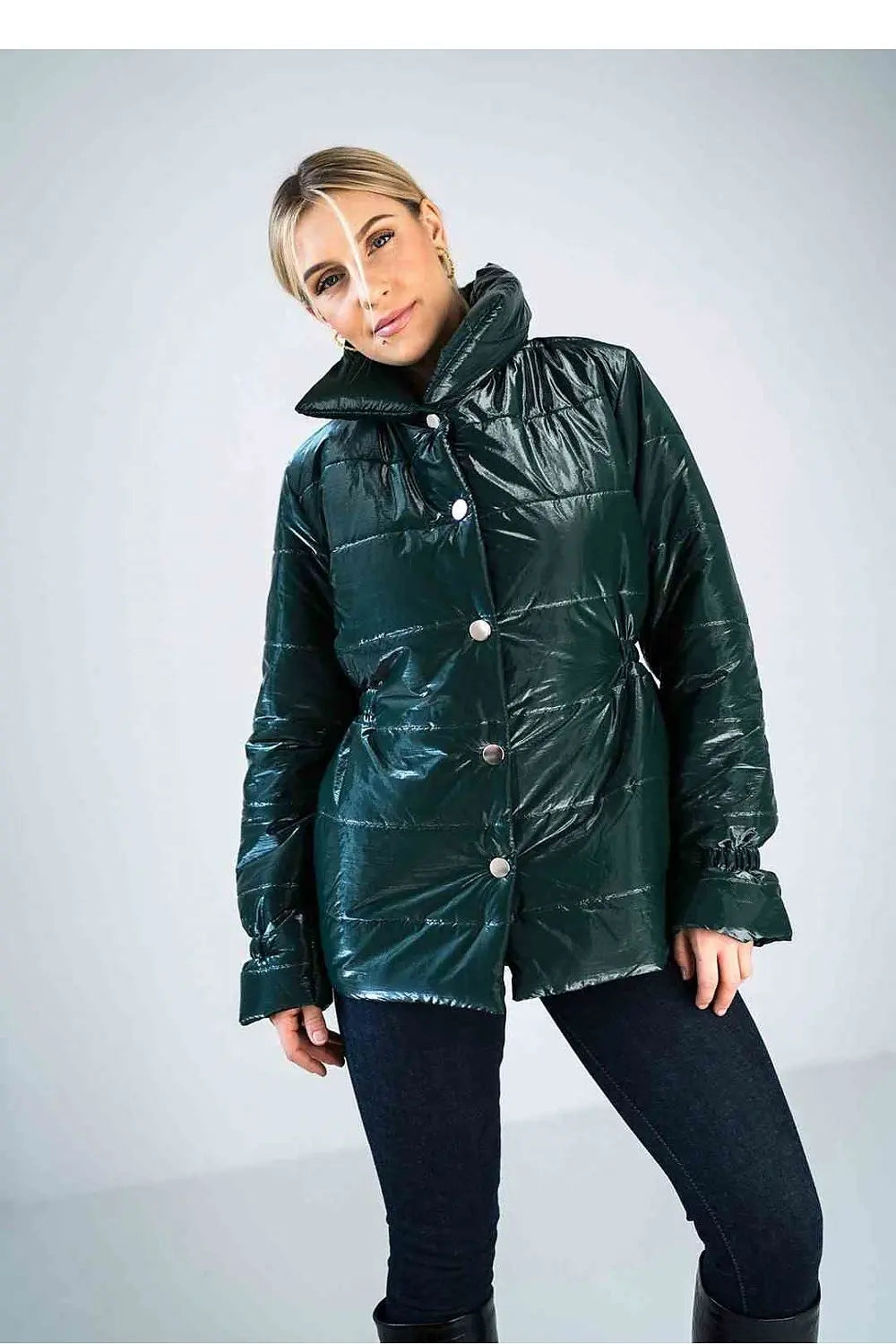 Women’s shiny quilted hip-length jacket with high collar and press studs closure