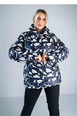 Women’s shiny quilted jacket with high collar and floral pattern