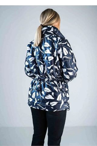 Women’s shiny quilted hip-length jacket with high collar and elastic waist in navy blue with white leaf pattern