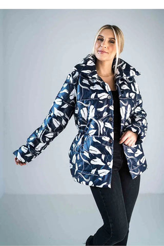 Women’s shiny quilted jacket with high collar and floral pattern, hip-length and insulated lining