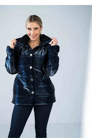 Women’s shiny quilted hip-length jacket with high collar and press studs fastening