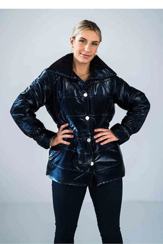 Women’s shiny quilted hip-length jacket with high collar and press stud buttons