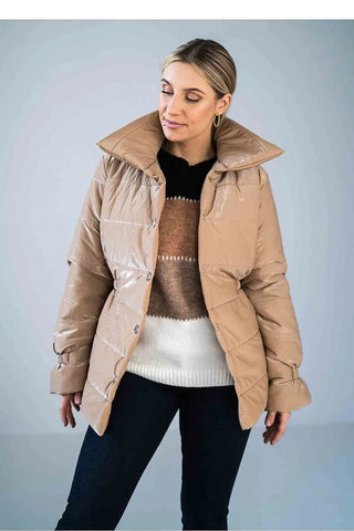 Women’s shiny quilted hip-length jacket with high collar and press studs fastening