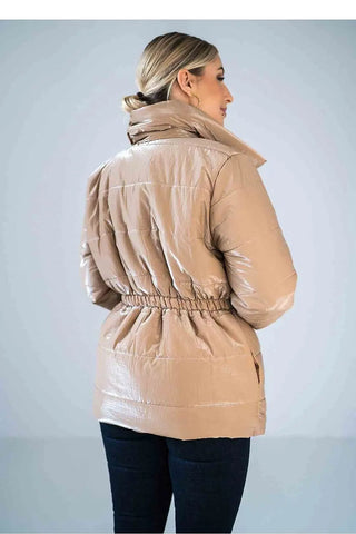 Women’s shiny quilted jacket with high collar and elastic waist in beige polyester