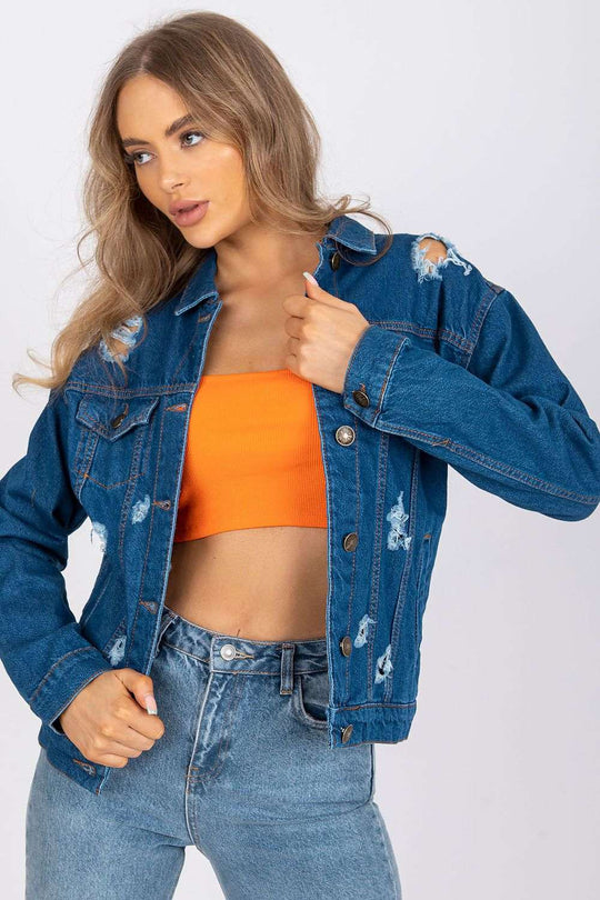 Classic blue jacket with holes, 97% cotton, suitable for everyday styling.