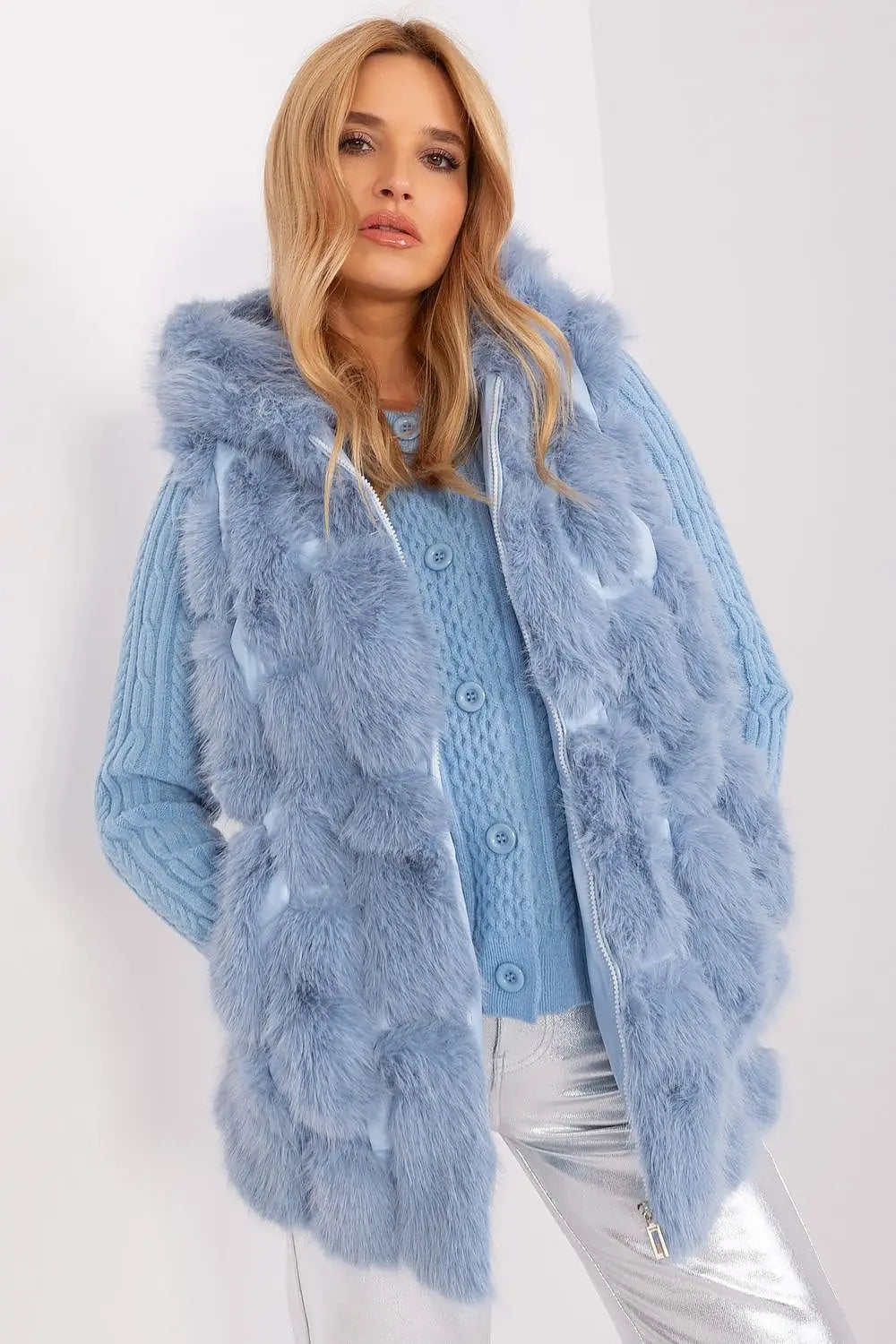 Elegant women's hooded faux fur vest in light blue with zipper and pockets