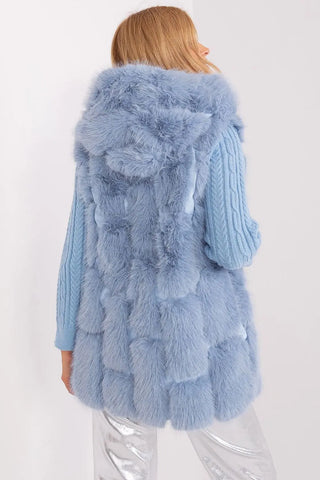 Elegant women's hooded faux fur vest in soft blue polyester with pockets and inner lining for warmth.