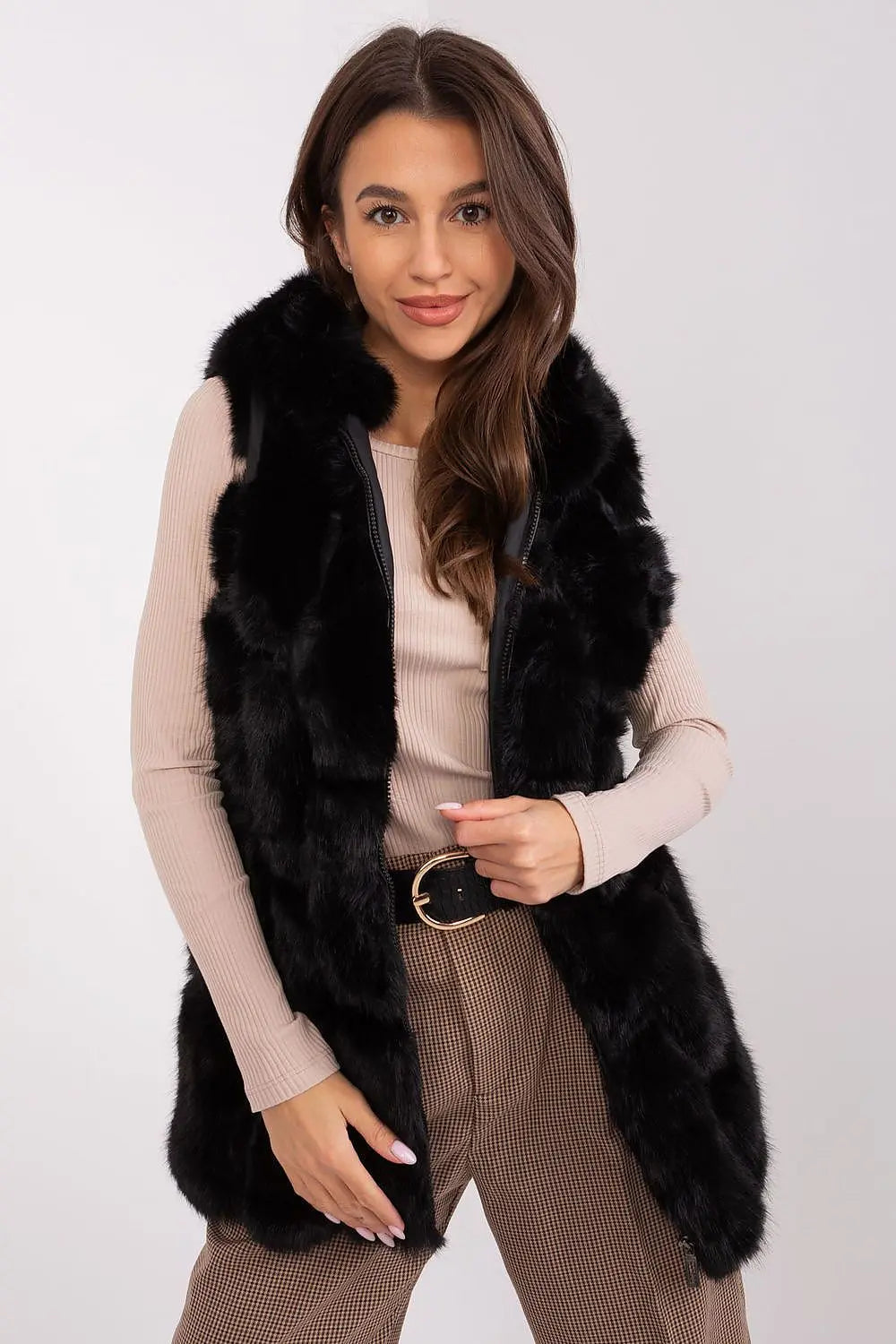 Elegant black women's hooded faux fur vest with zipper and pockets, made of soft polyester for warmth and style